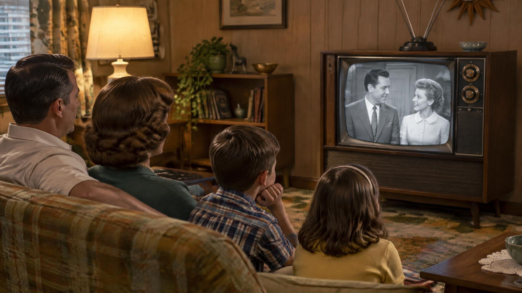 family watching old tv