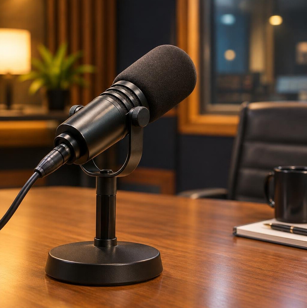 Studio microphone on an interview desk