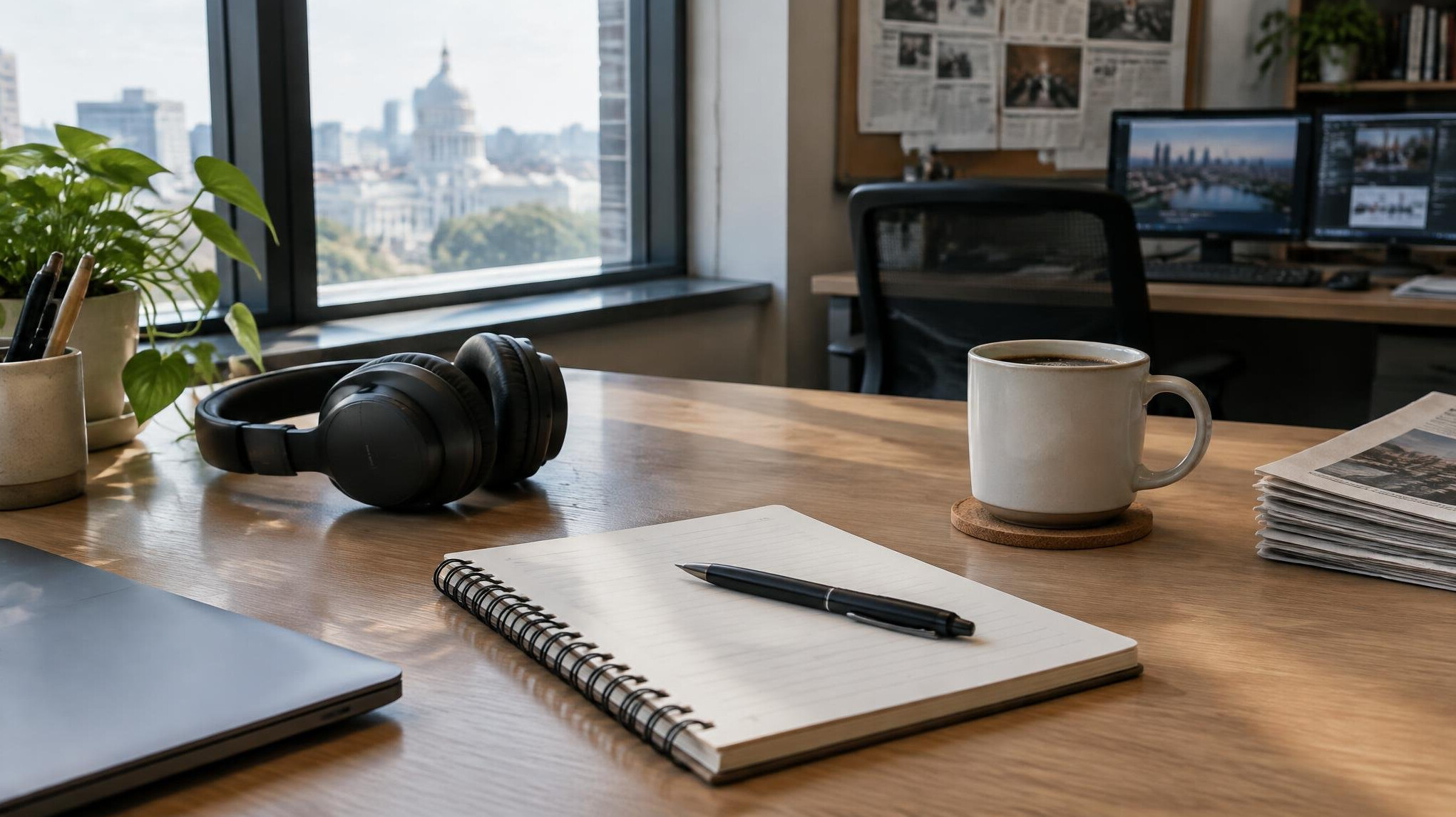 Editorial desk with notebook and headphones
