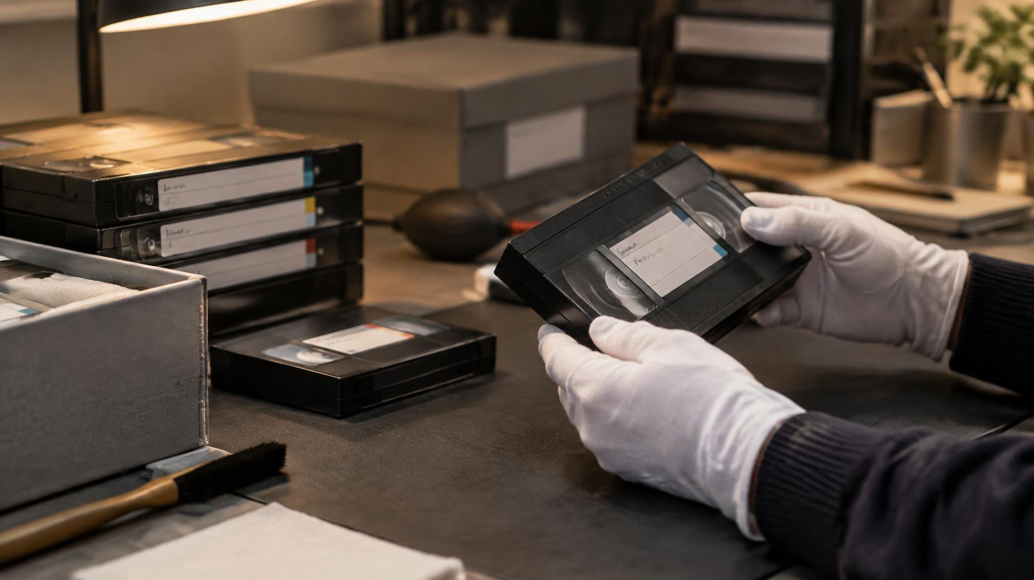 Technician handling videotape cassettes