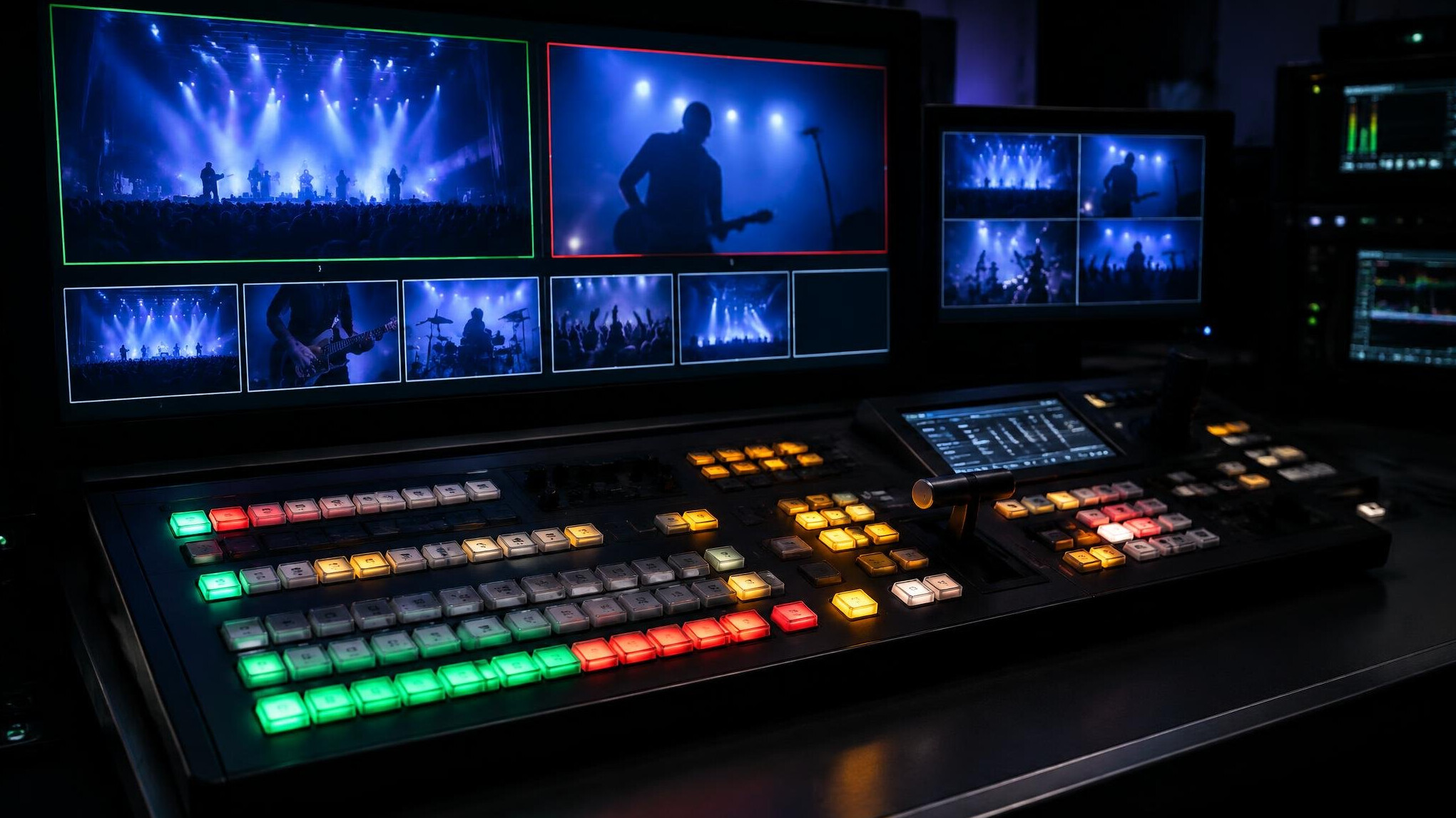Multi-camera production control panel with screens