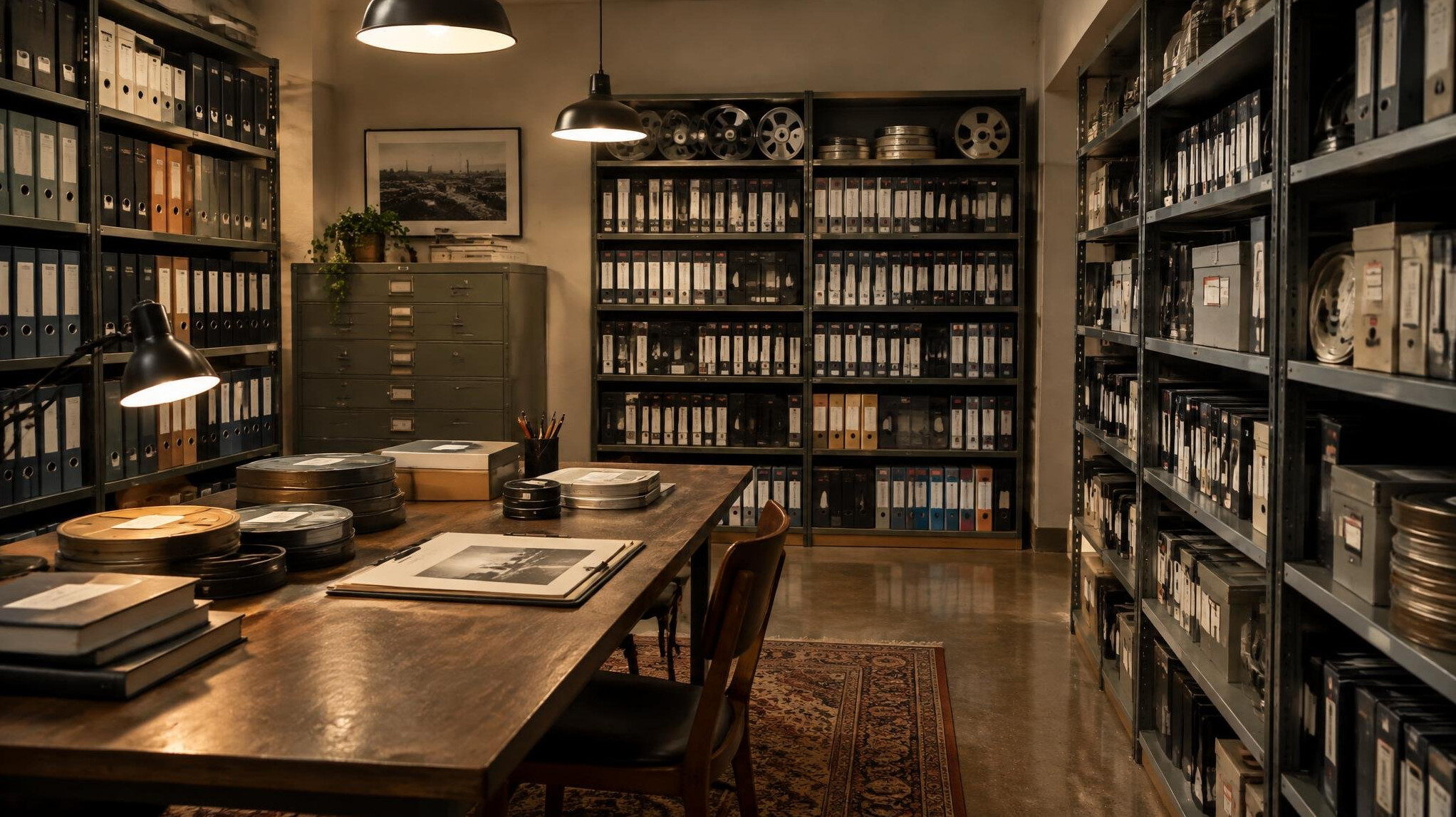 Newsroom archive shelves with binders and tapes
