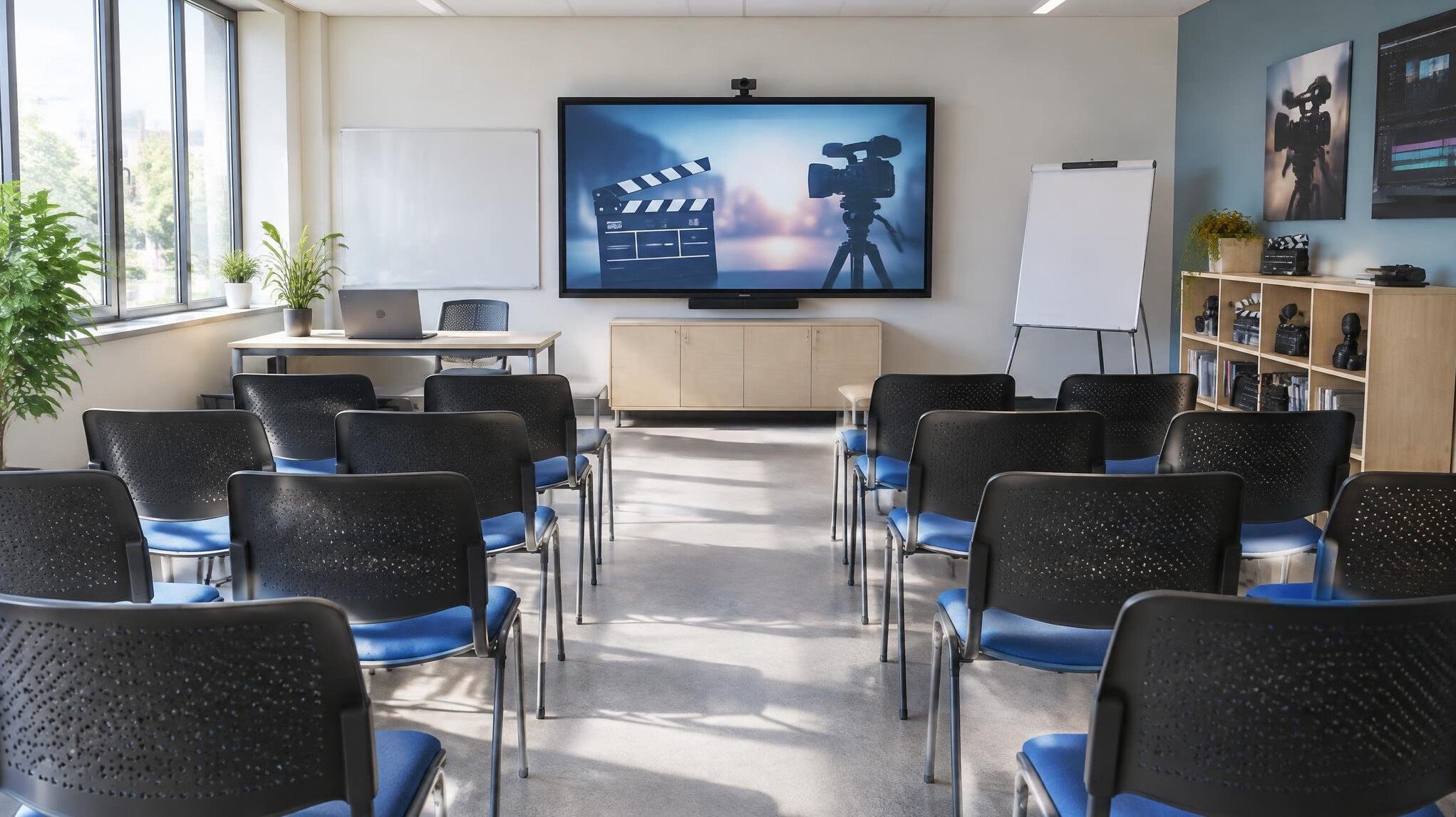 Media workshop room with screens and seating