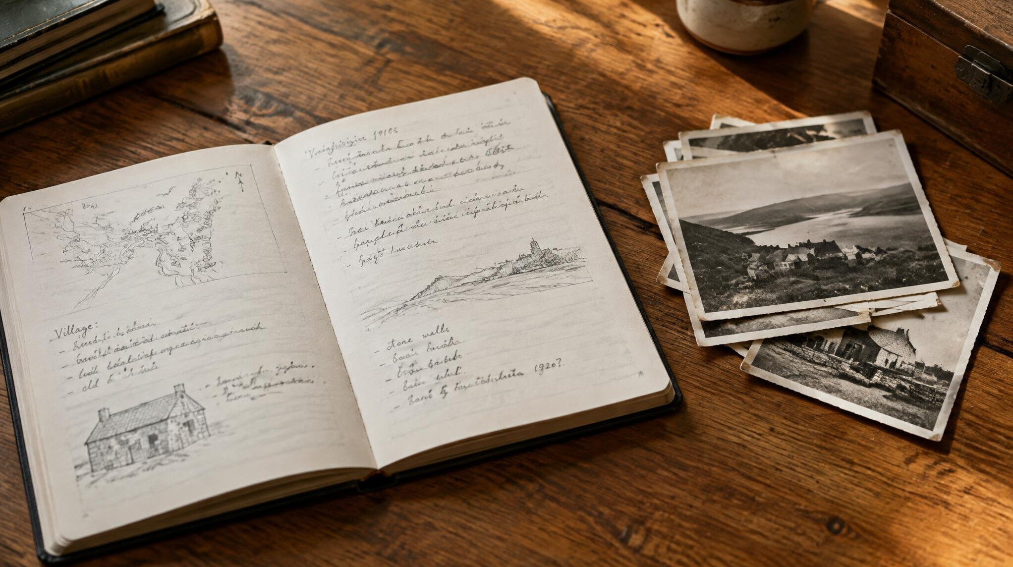 Open notebook with handwritten research notes and old photographs