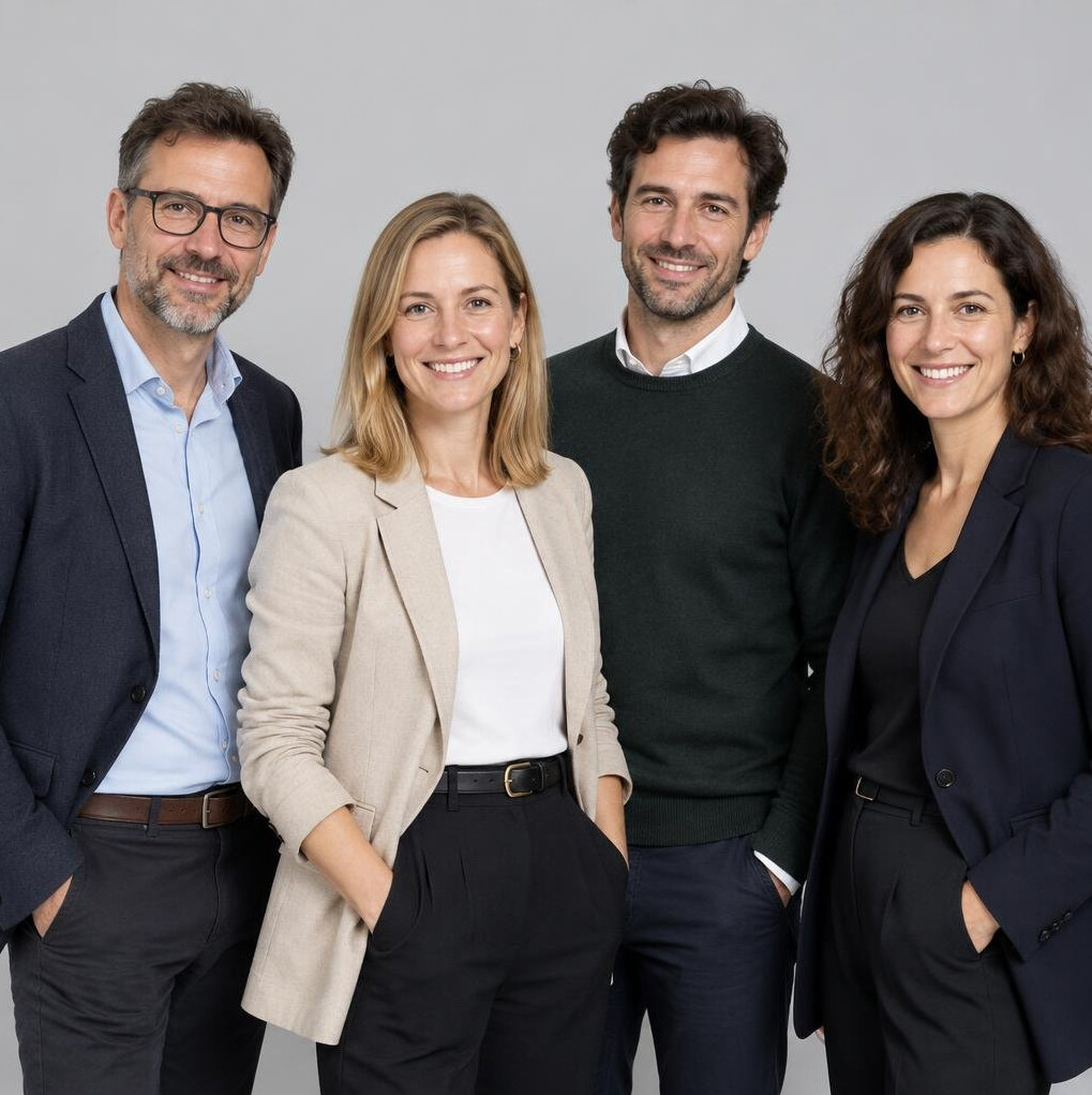 Group of four European media professionals smiling together