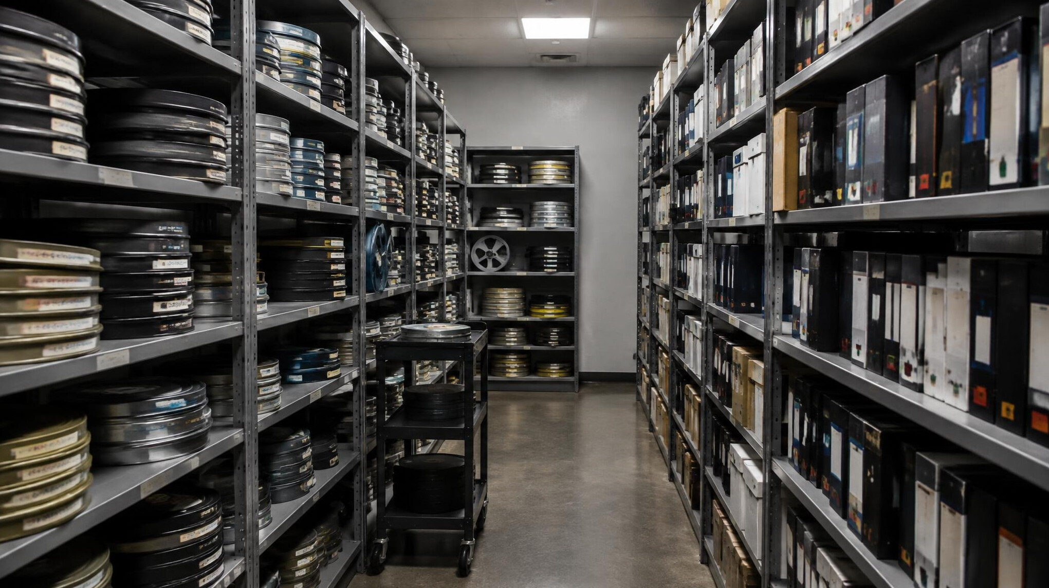Archive shelves with film reels and tape boxes
