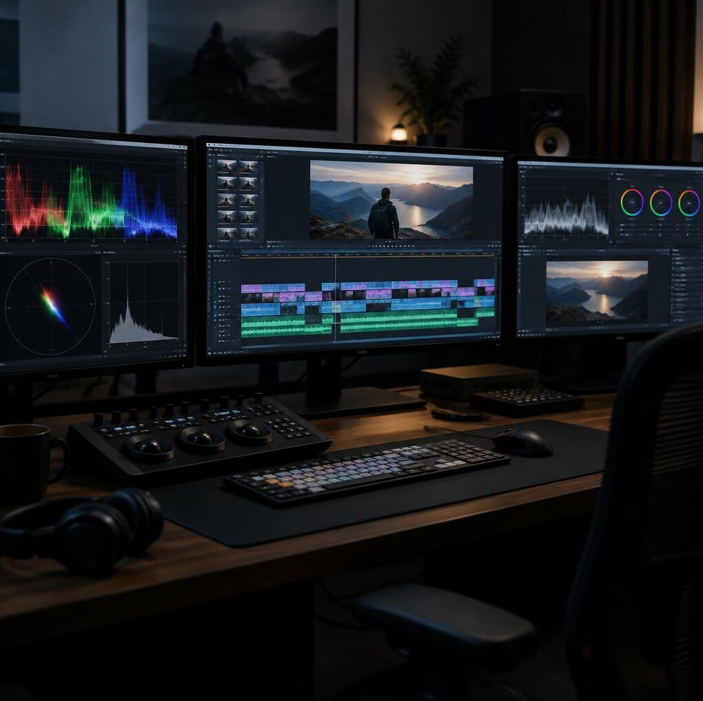 Video editing desk with monitors and waveform display
