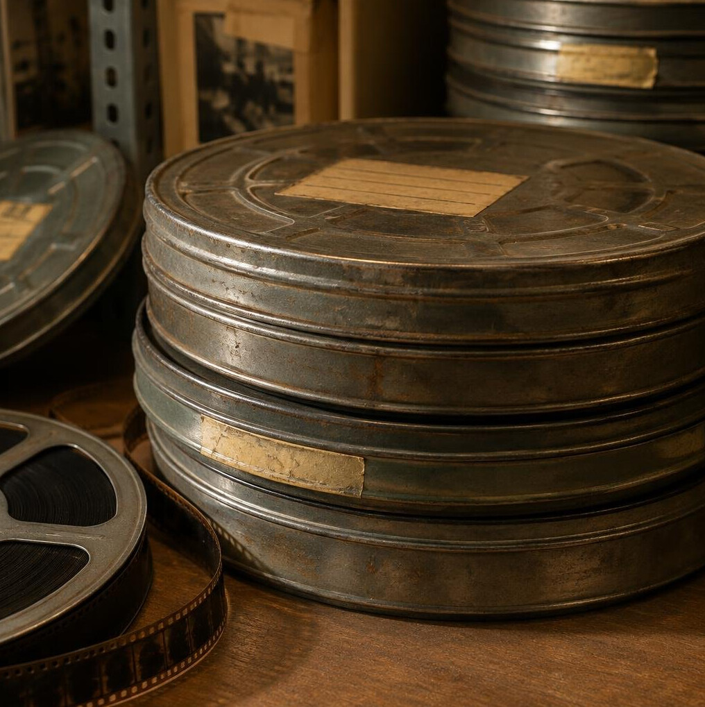 Stack of vintage film reels close up