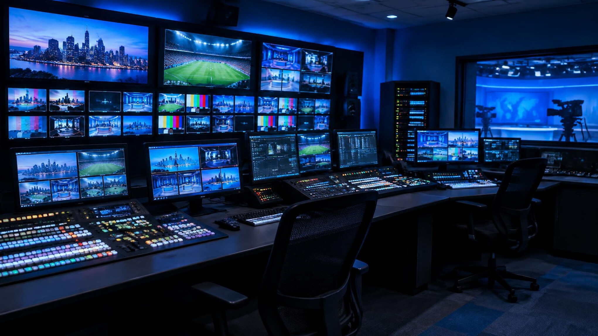 Television studio control room with monitors